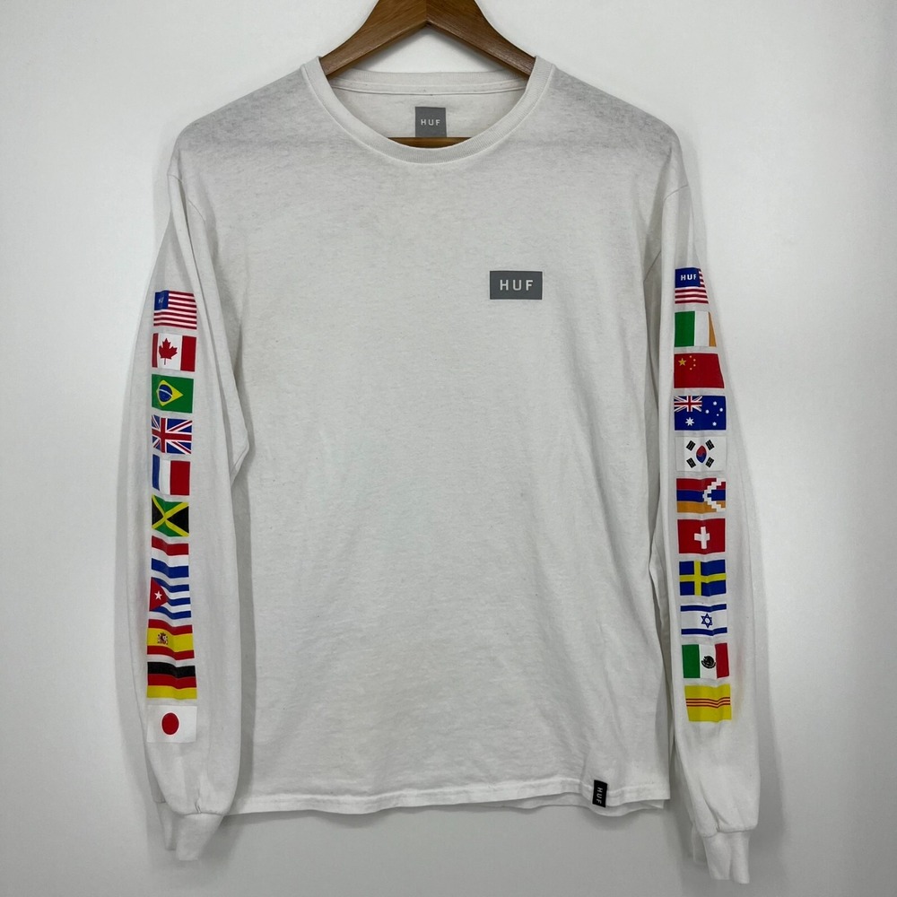 HUF Worldwide Men White Long Sleeve Graphic T-Shirt International Flags Size M